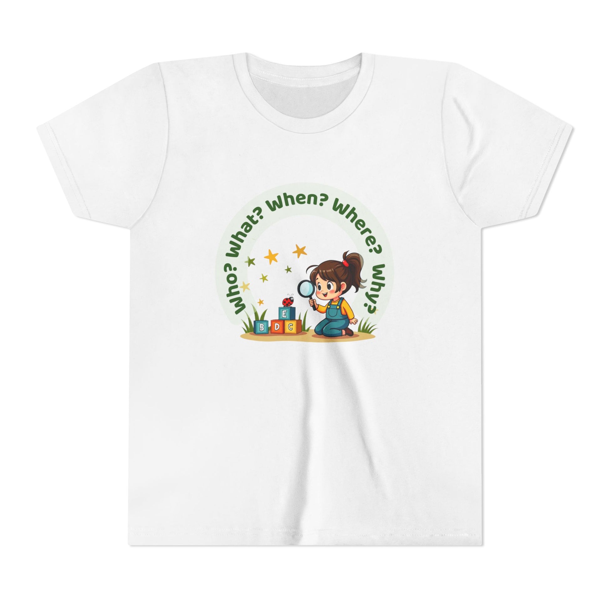 White t-shirt with a child-themed graphic and text on a white background