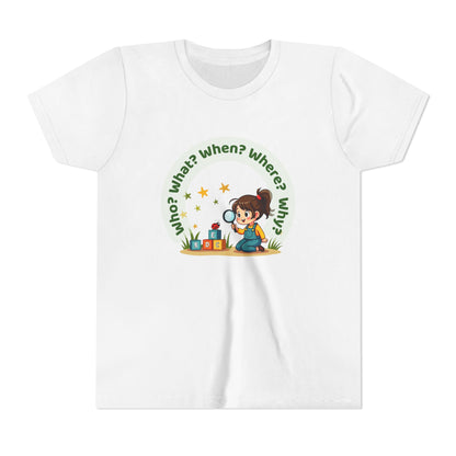 White t-shirt with a child-themed graphic and text on a white background