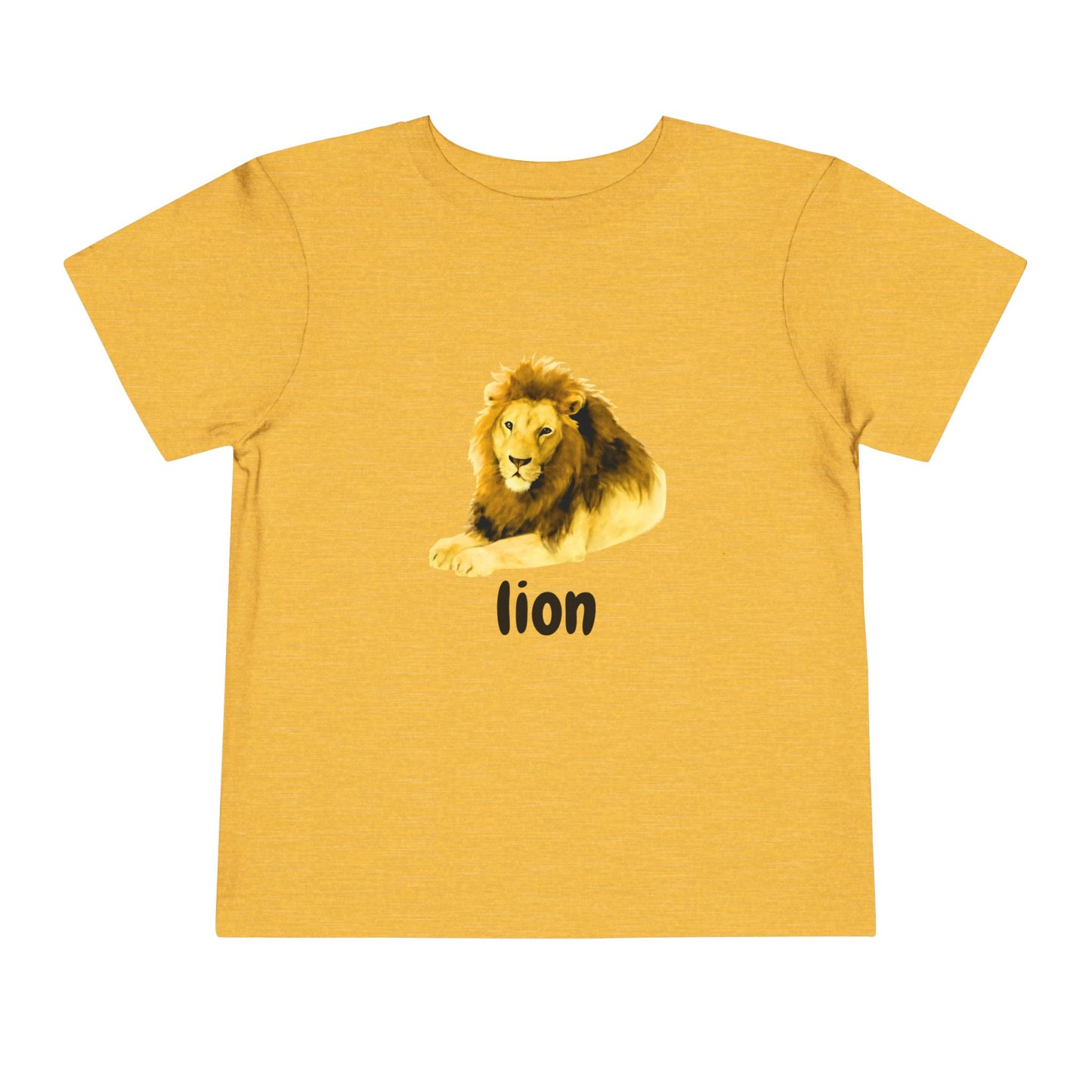 Yellow t-shirt with a lion graphic and 'lion' text on a white background