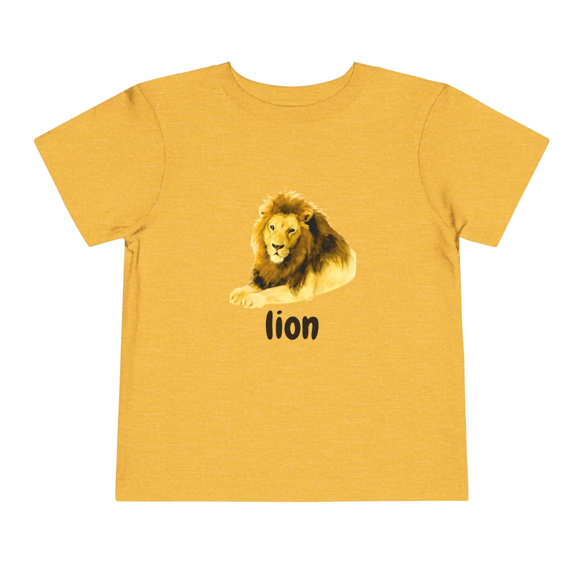 Yellow t-shirt with a lion graphic and 'lion' text on a white background
