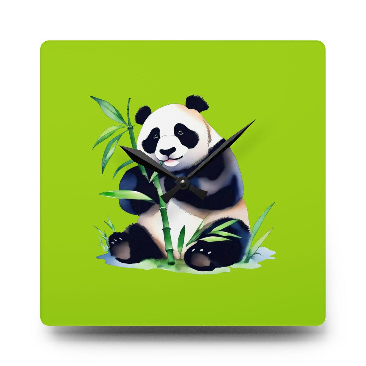 Square Wall clock with a panda design on a green background