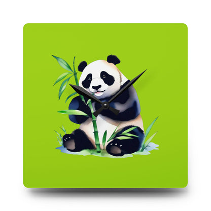 Square Wall clock with a panda design on a green background
