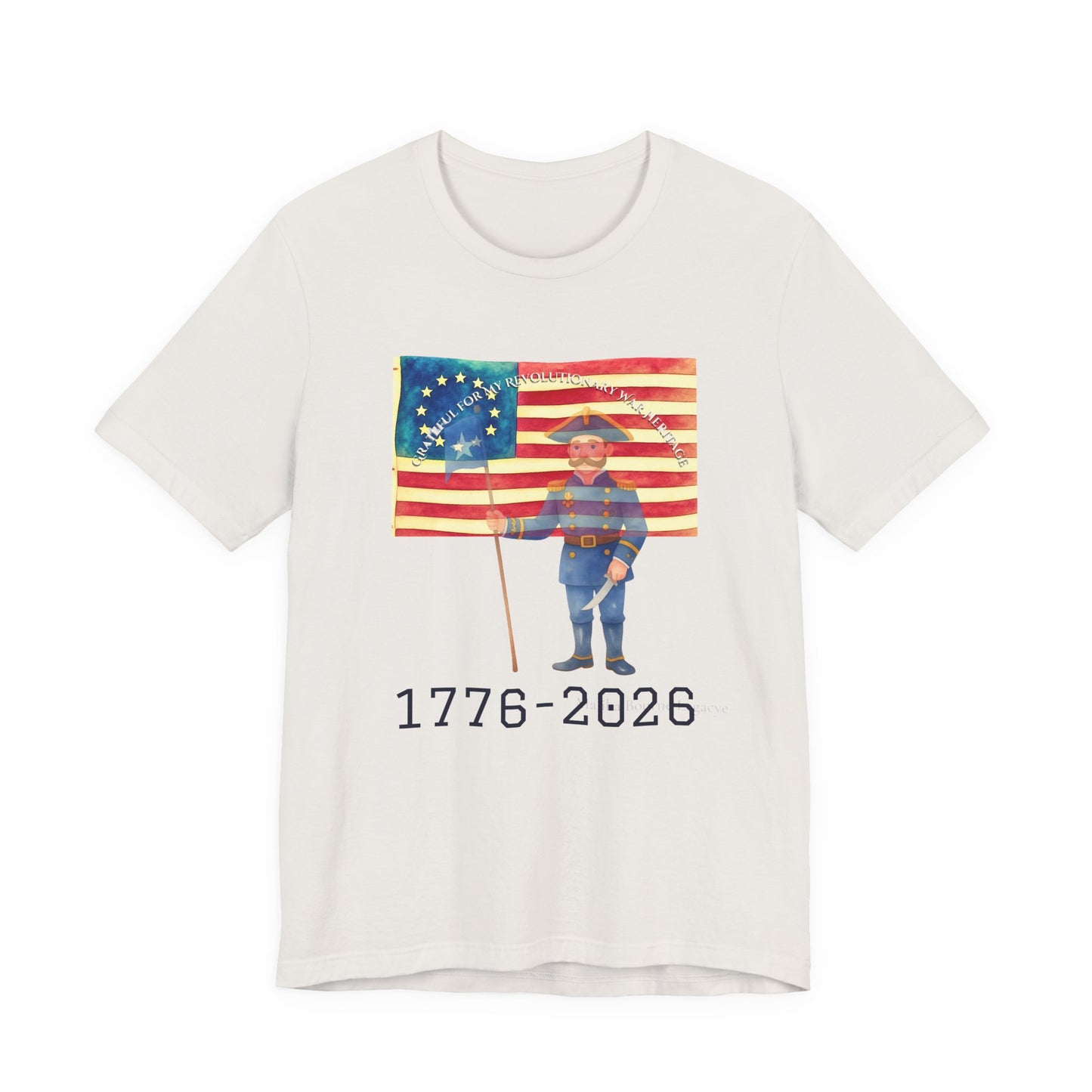 White t-shirt with a graphic of a person holding a flag and the text '1776-2026' on a white background