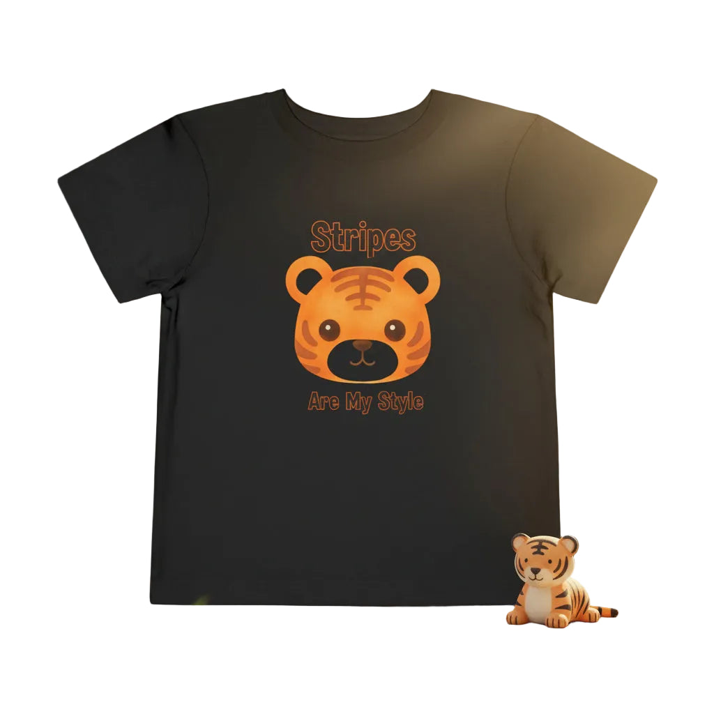 Black t-shirt with a tiger graphic and text on a white background