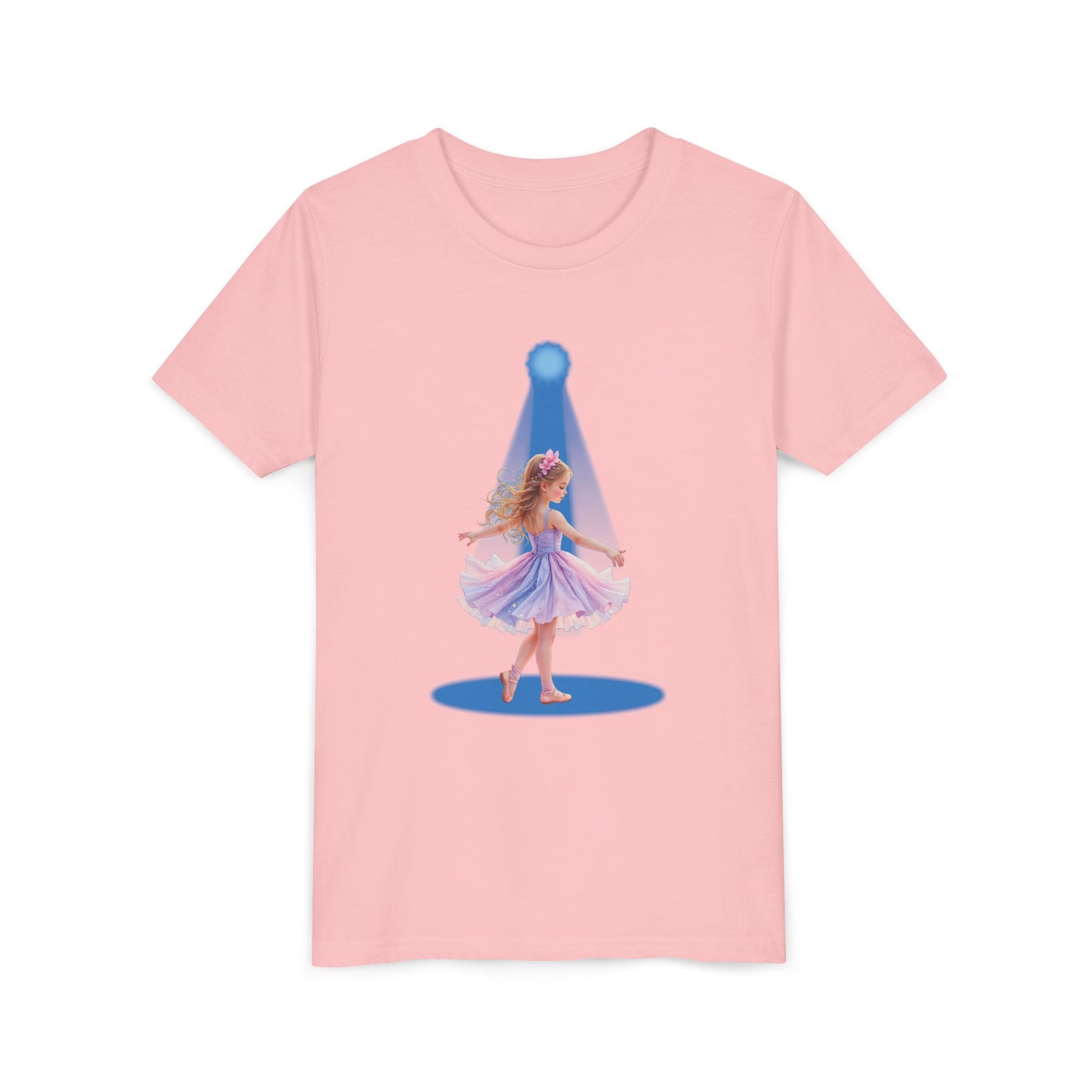 Pink t-shirt with a graphic of a fairy in a purple dress on a white background
