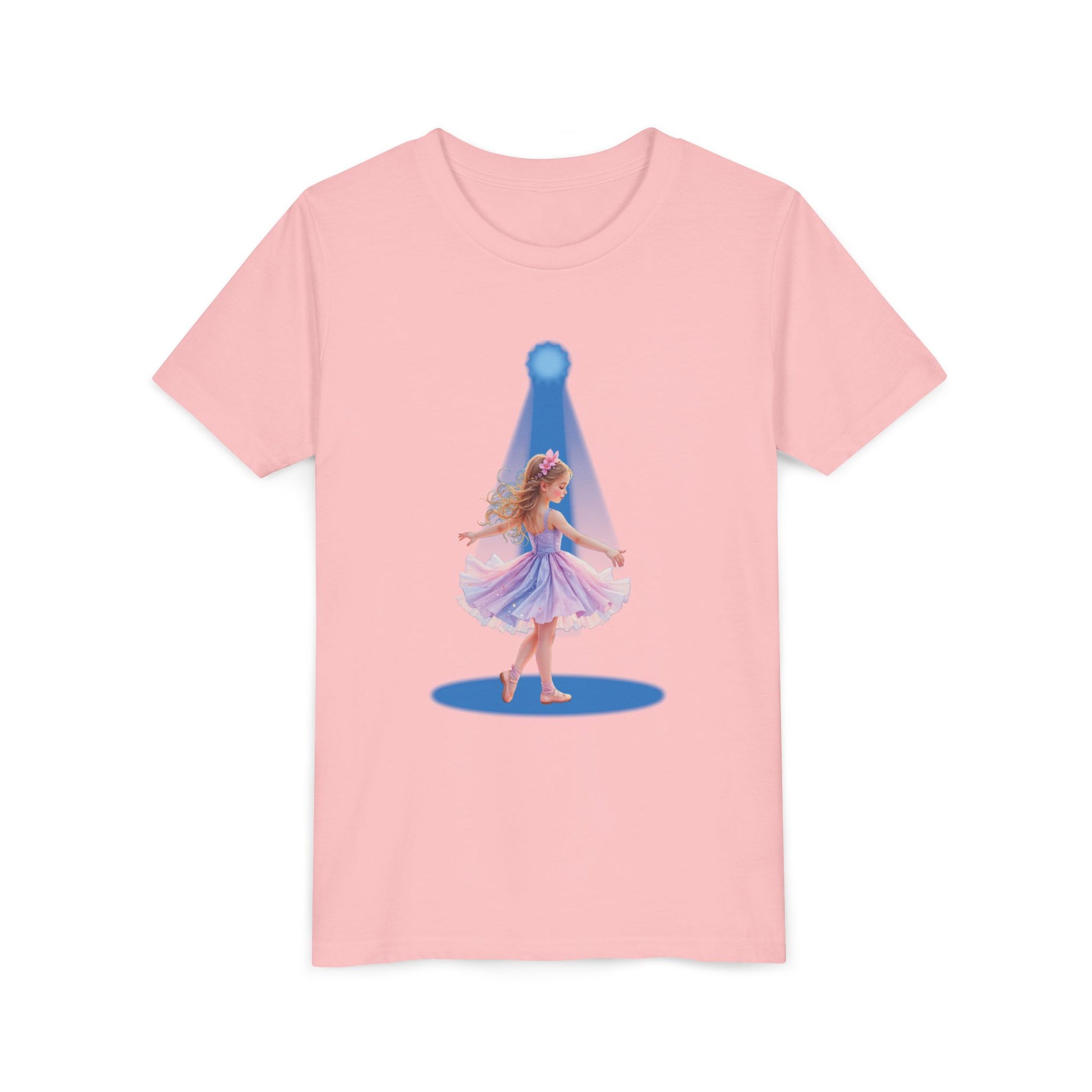 Pink t-shirt with a graphic of a fairy in a purple dress on a white background