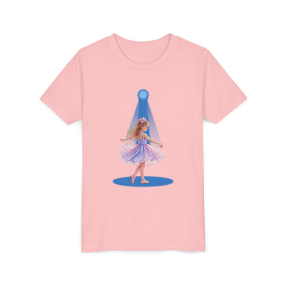 Pink t-shirt with a graphic of a fairy in a purple dress on a white background