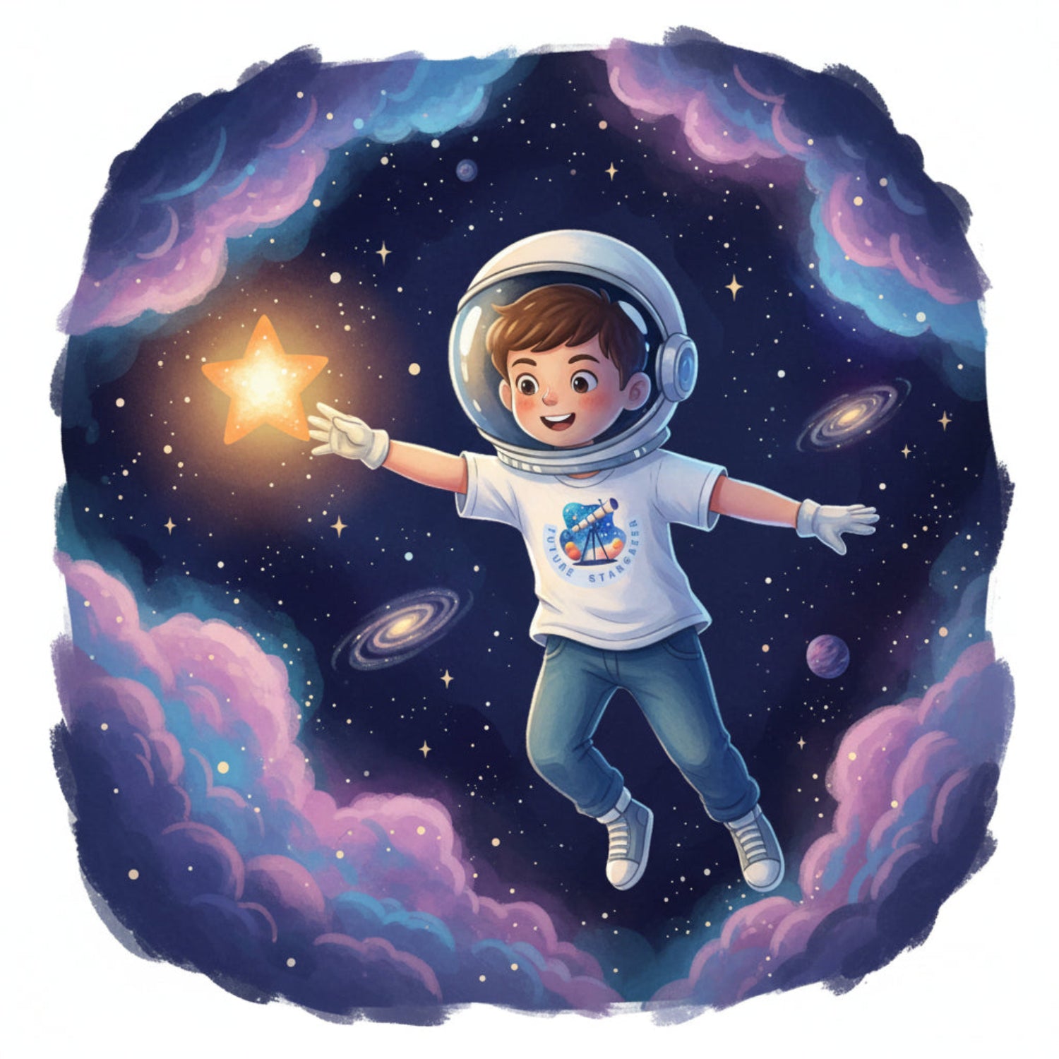 A light heather gray short-sleeve crewneck t-shirt featuring a colorful graphic of a telescope in a starry space design with the text 'I AM A STARGAZER' printed in blue around the center. Grey t-shirt design by Malika Bourne Legacy