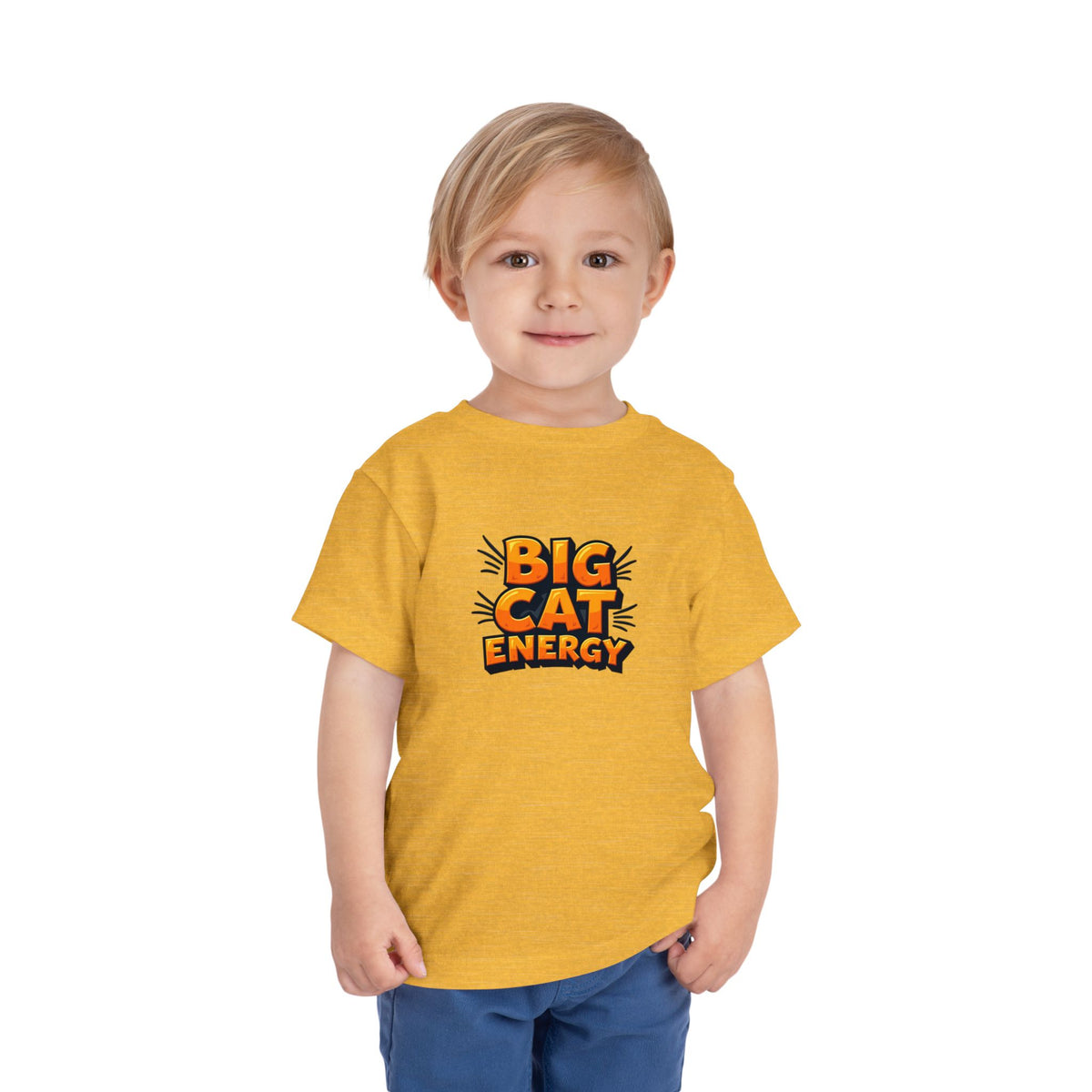 Child wearing a yellow t-shirt with 'BIG CAT ENERGY' text on a white background