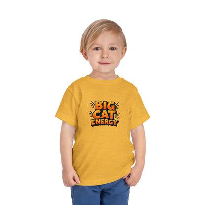 Child wearing a yellow t-shirt with 'BIG CAT ENERGY' text on a white background