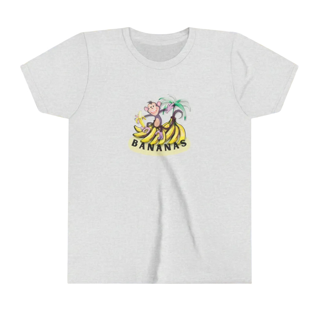Ash grey tee with graphic cartoon monkey on bunches of bananas with cartoon background