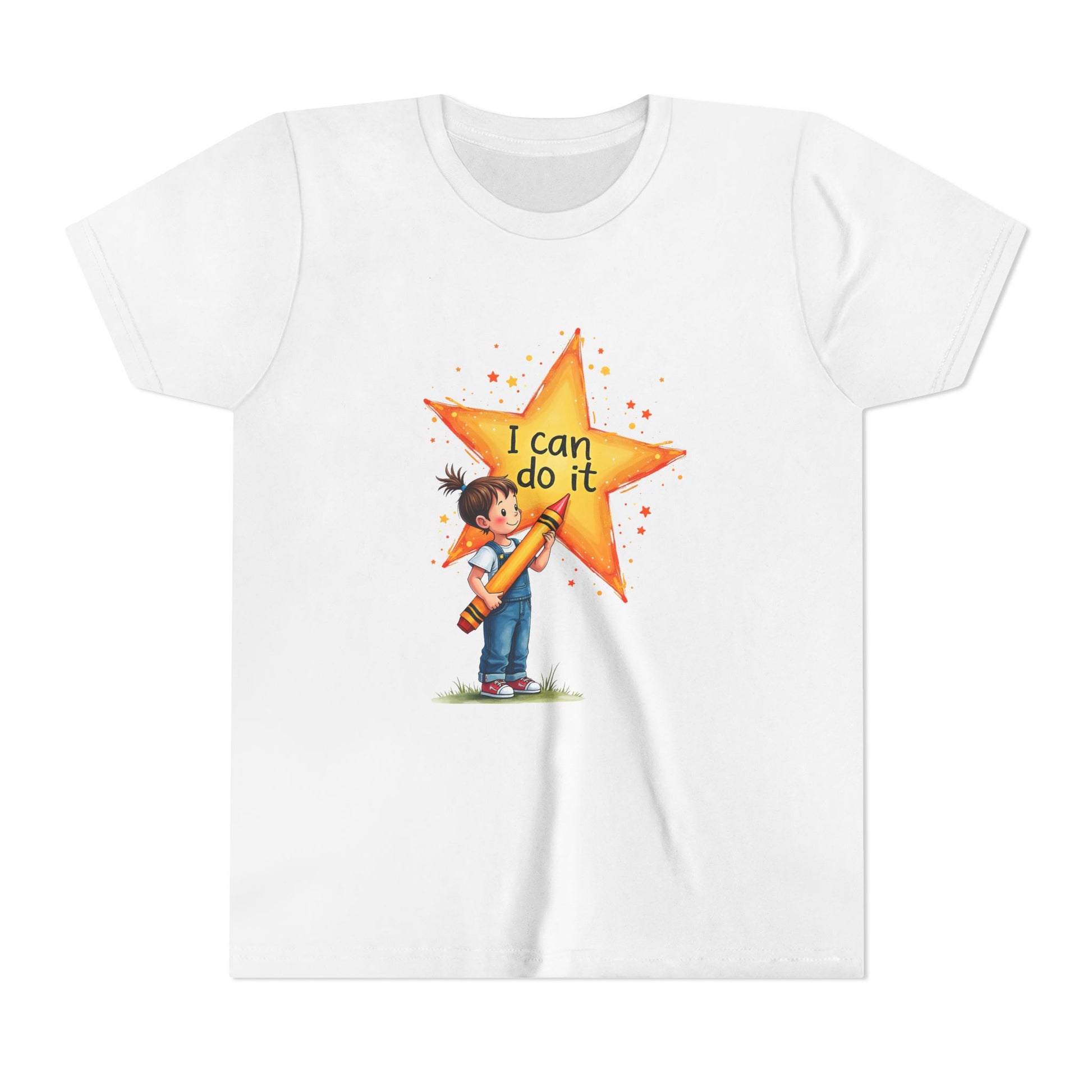 White t-shirt with a cartoon design of a child holding a star with 'I can do it' text on a white background