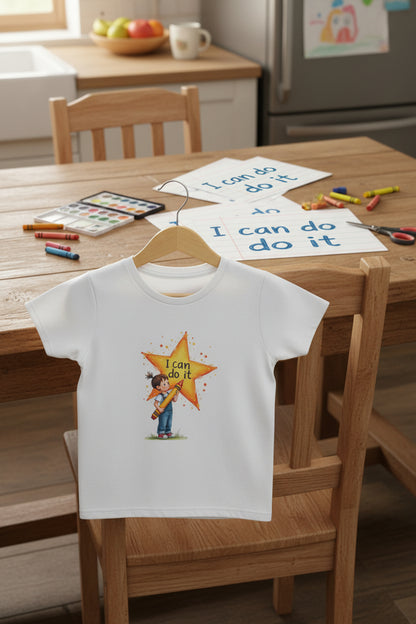 White t-shirt with a cartoon design of a child holding a star with 'I can do it' text on an AI kitchen background