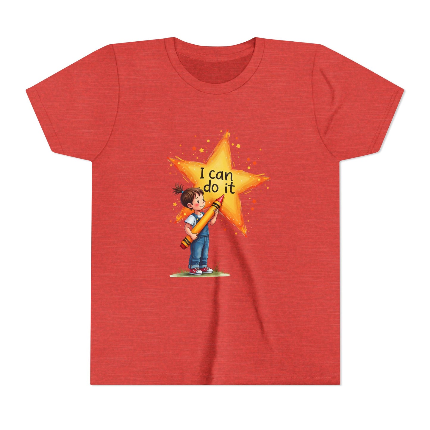 Red t-shirt with a cartoon character holding a star that says 'I can do it' on a white background