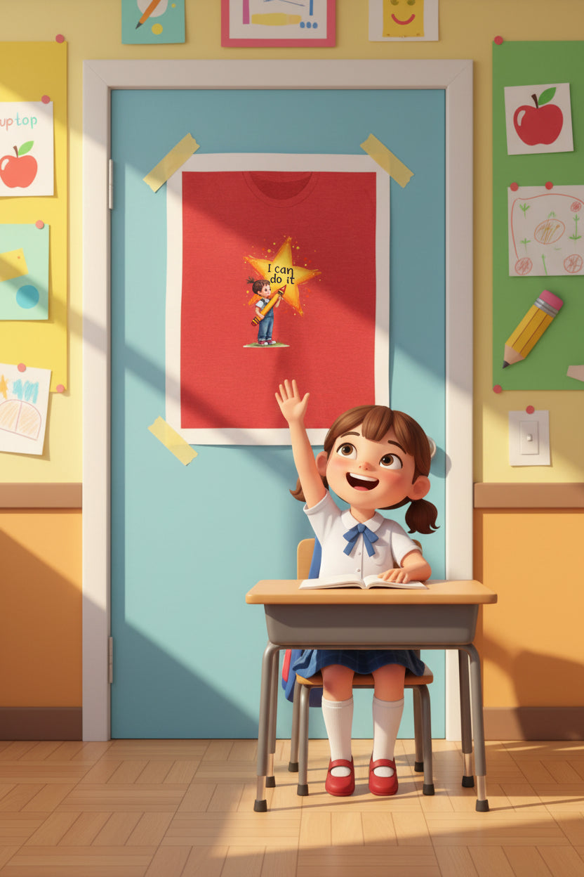Red t-shirt with a cartoon character holding a star that says 'I can do it' on a white background