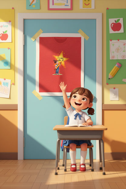 Red t-shirt with a cartoon character holding a star that says 'I can do it' on a white background