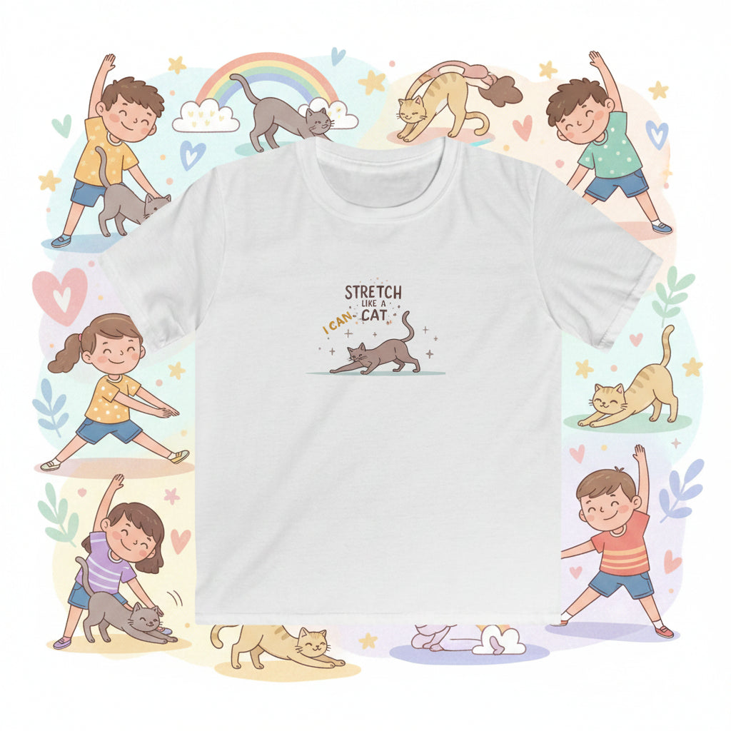A white short-sleeve crewneck t-shirt featuring a cartoon graphic of a stretching cat with the text 'STRETCH LIKE A CAT' in brown and orange, displayed on a clean white background.