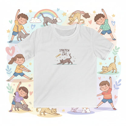 A white short-sleeve crewneck t-shirt featuring a cartoon graphic of a stretching cat with the text 'STRETCH LIKE A CAT' in brown and orange, displayed on a clean white background.