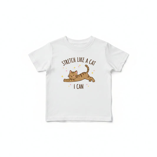 A white short-sleeve crewneck t-shirt featuring a cartoon graphic of a stretching cat with the text 'STRETCH LIKE A CAT' in brown and orange, displayed on a clean white background.