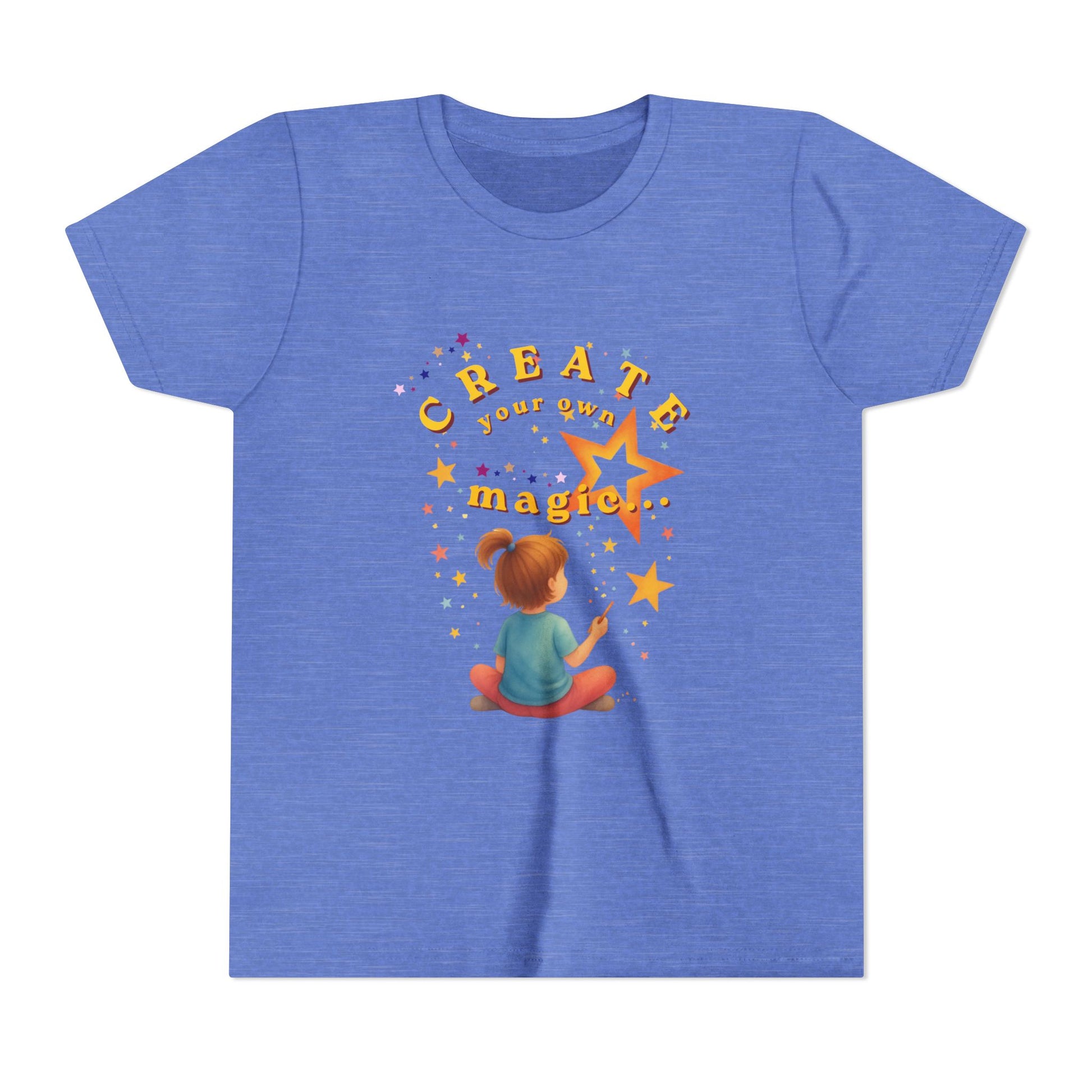 Blue t-shirt with a child drawing a star and 'Create your own magic' text on a white background