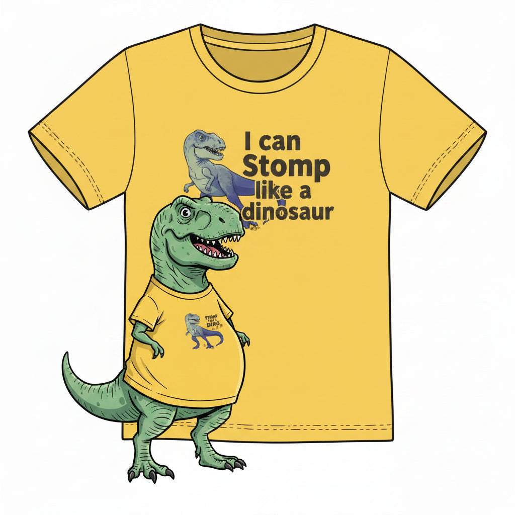 A yellow short-sleeve crewneck t-shirt featuring a cartoon graphic of a blue and purple dinosaur with the text 'I can STOMP like a DINOSAUR"