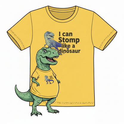 A yellow short-sleeve crewneck t-shirt featuring a cartoon graphic of a blue and purple dinosaur with the text 'I can STOMP like a DINOSAUR"