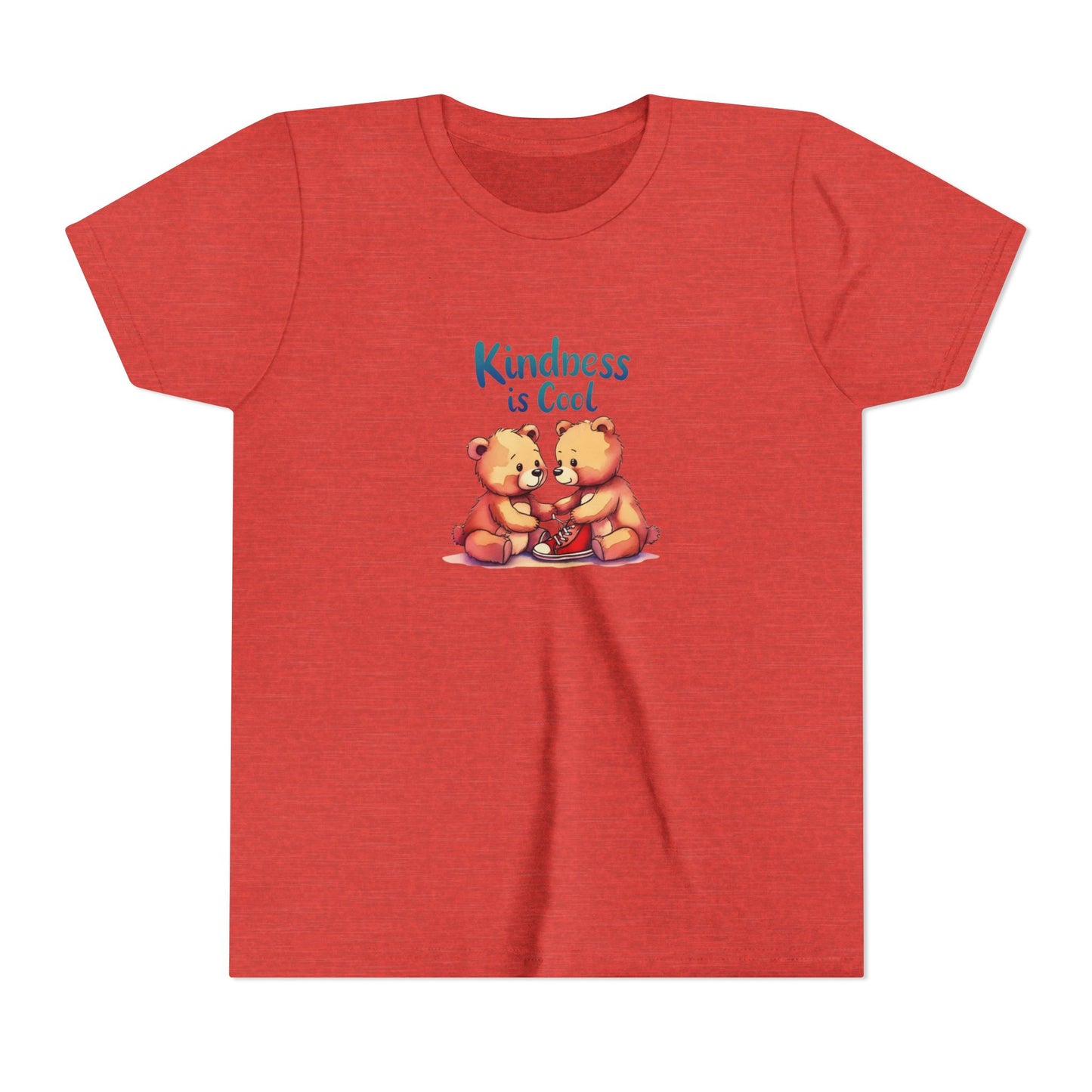 Red t-shirt with two bears holding a heart and 'Kindness is Cool' text on a white background
