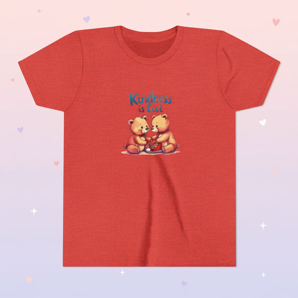 Red t-shirt with two bears holding a heart and 'Kindness is Cool' text on a white background