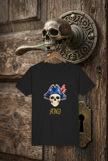 Kids black T‑shirt with a pirate skull wearing a blue hat and red feather, with “ARG!” in yellow text.