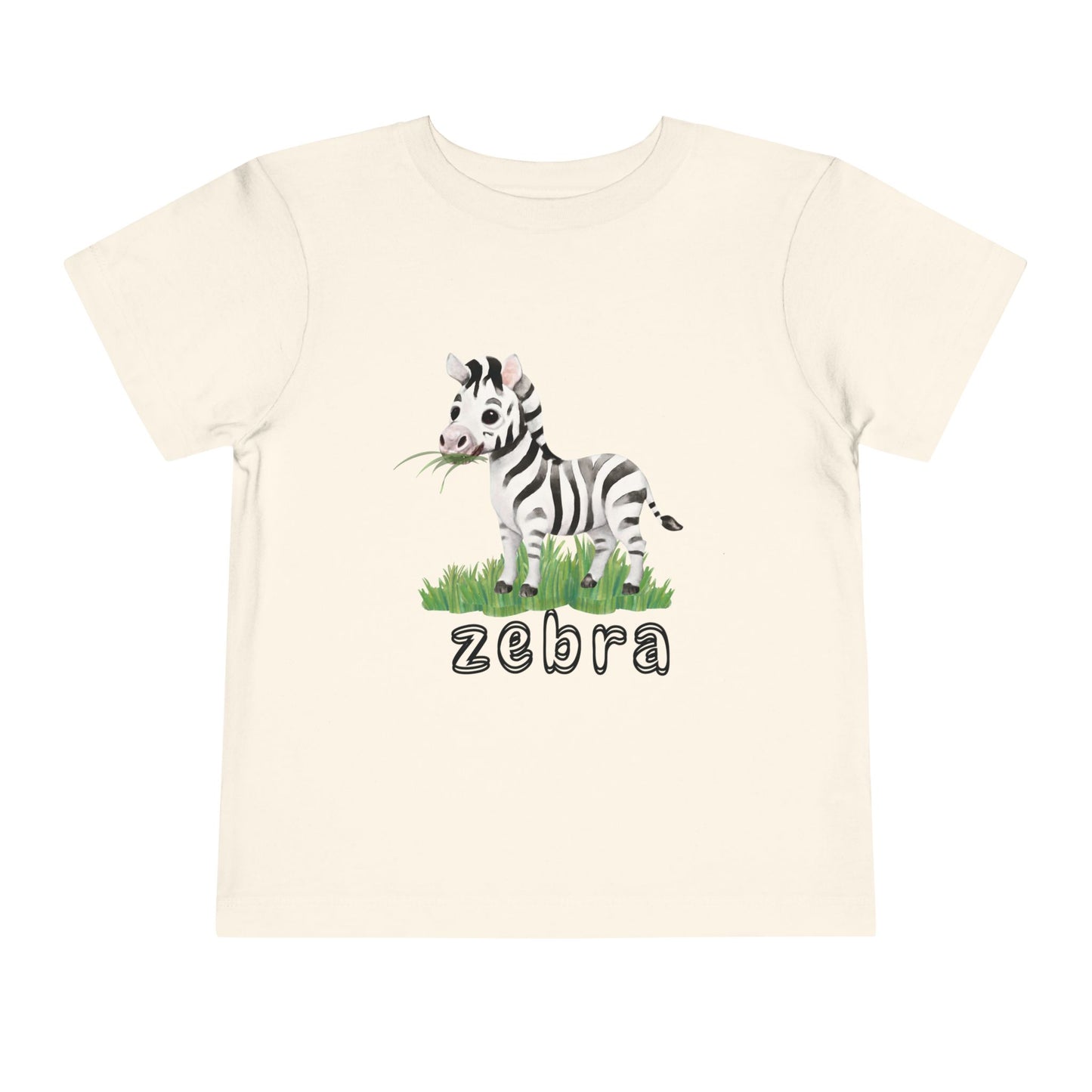 Beige t-shirt with a zebra graphic and 'zebra' text on a white background