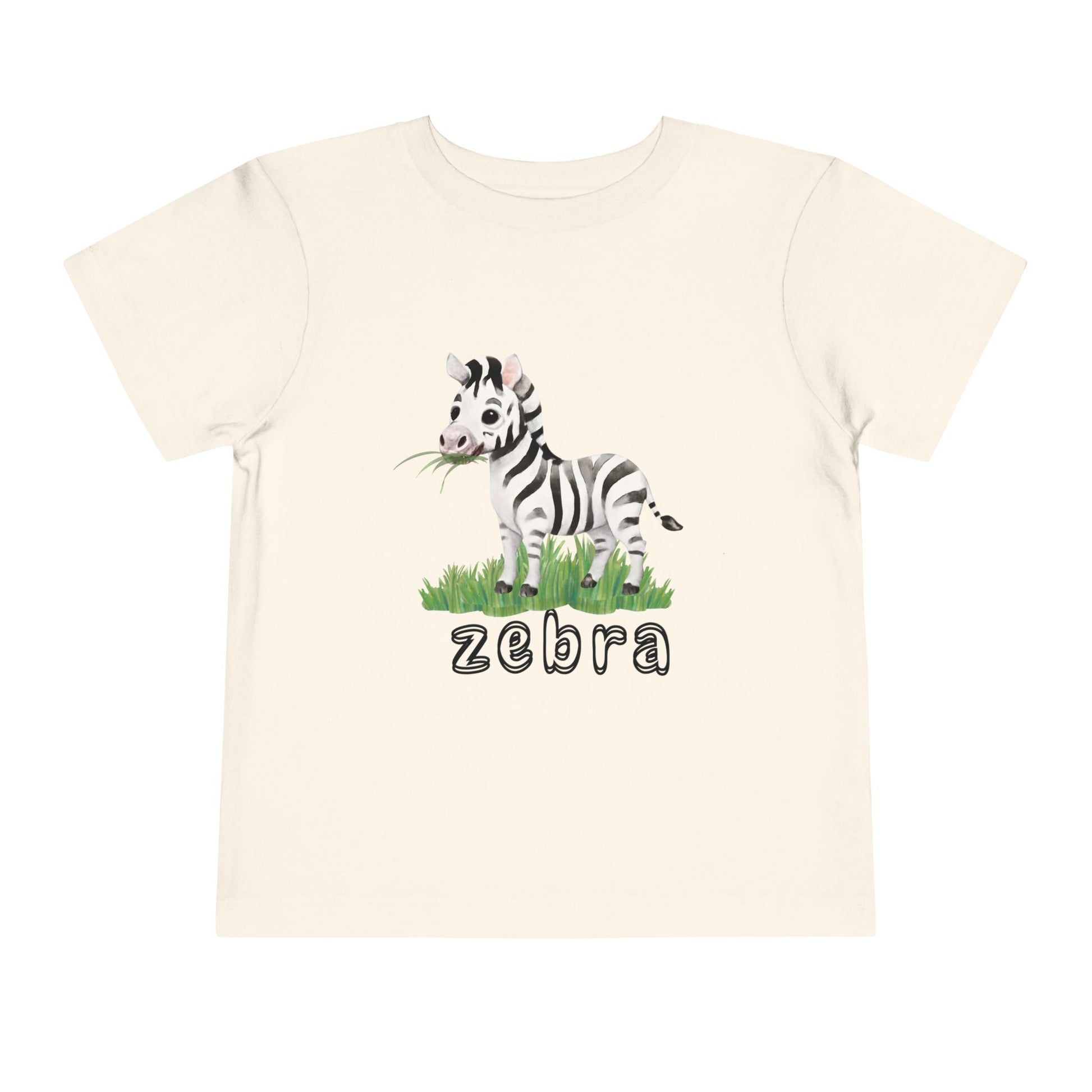 Beige t-shirt with a zebra graphic and 'zebra' text on a white background