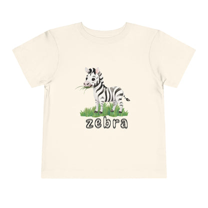 Beige t-shirt with a zebra graphic and 'zebra' text on a white background