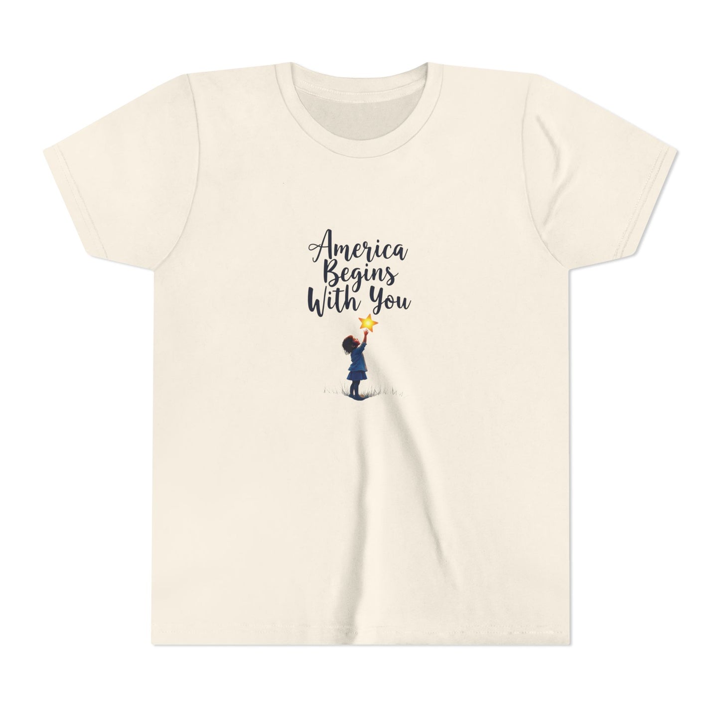 Beige t-shirt with 'America Begins With You' text and graphic on a white background