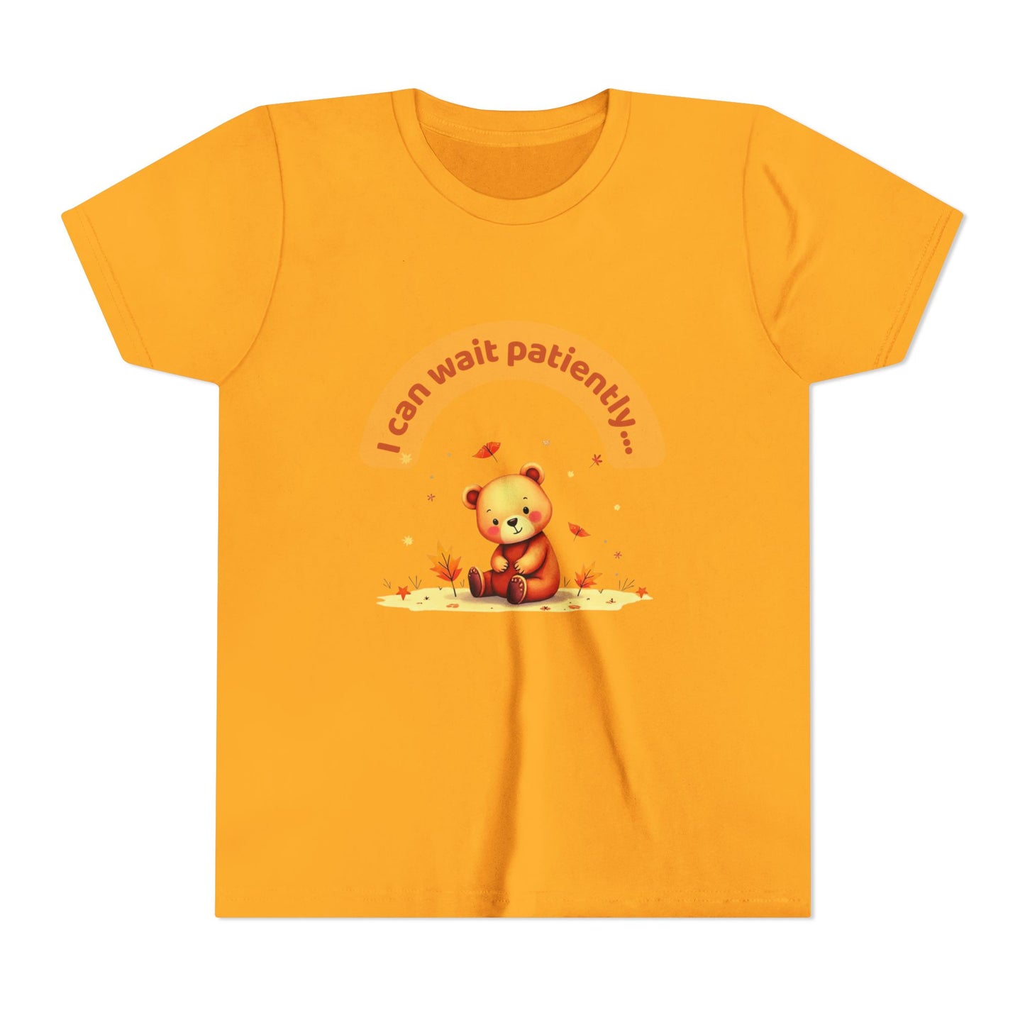 Orange t-shirt with a teddy bear graphic and text on a white background