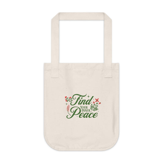 Beige tote bag with 'Find Your Inner Peace' text and floral design on a white background