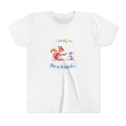 White t-shirt with a cartoon squirrel and mouse design and text on a white background