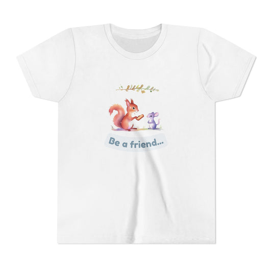 White t-shirt with a cartoon squirrel and mouse design and text on a white background
