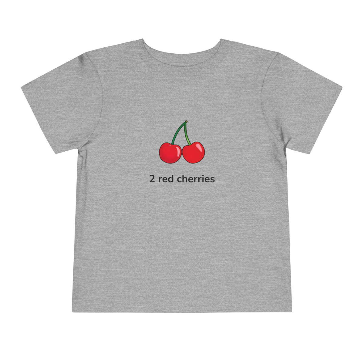 A heather gray short-sleeve t-shirt featuring a graphic of two red cherries with green stems and the text '2 red cherries' printed below, displayed on a solid white background.