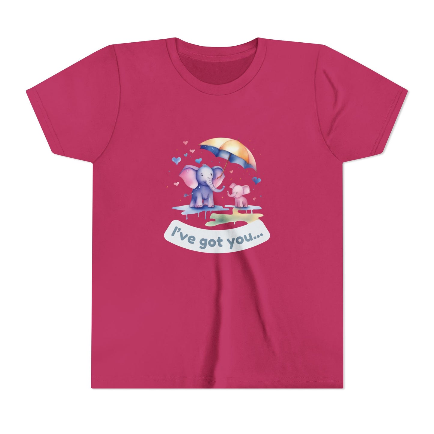 Pink t-shirt with cartoon design of an elephant and dog under an umbrella, text 'I've got you...', on a white background.