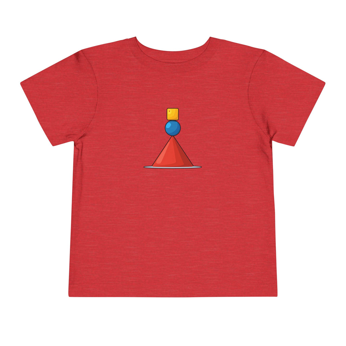 A red short-sleeve crewneck t-shirt featuring a small geometric graphic on the chest with a yellow square, blue circle, and orange cone.
