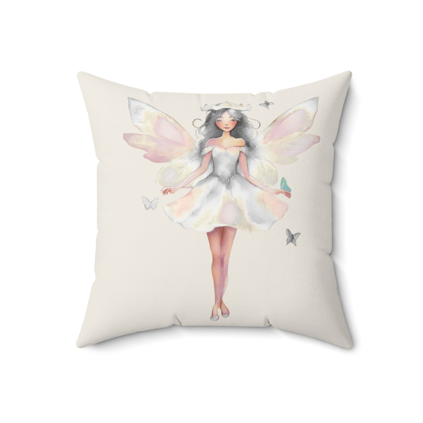 Cream Decorative pillow with a white fairy design on a white background