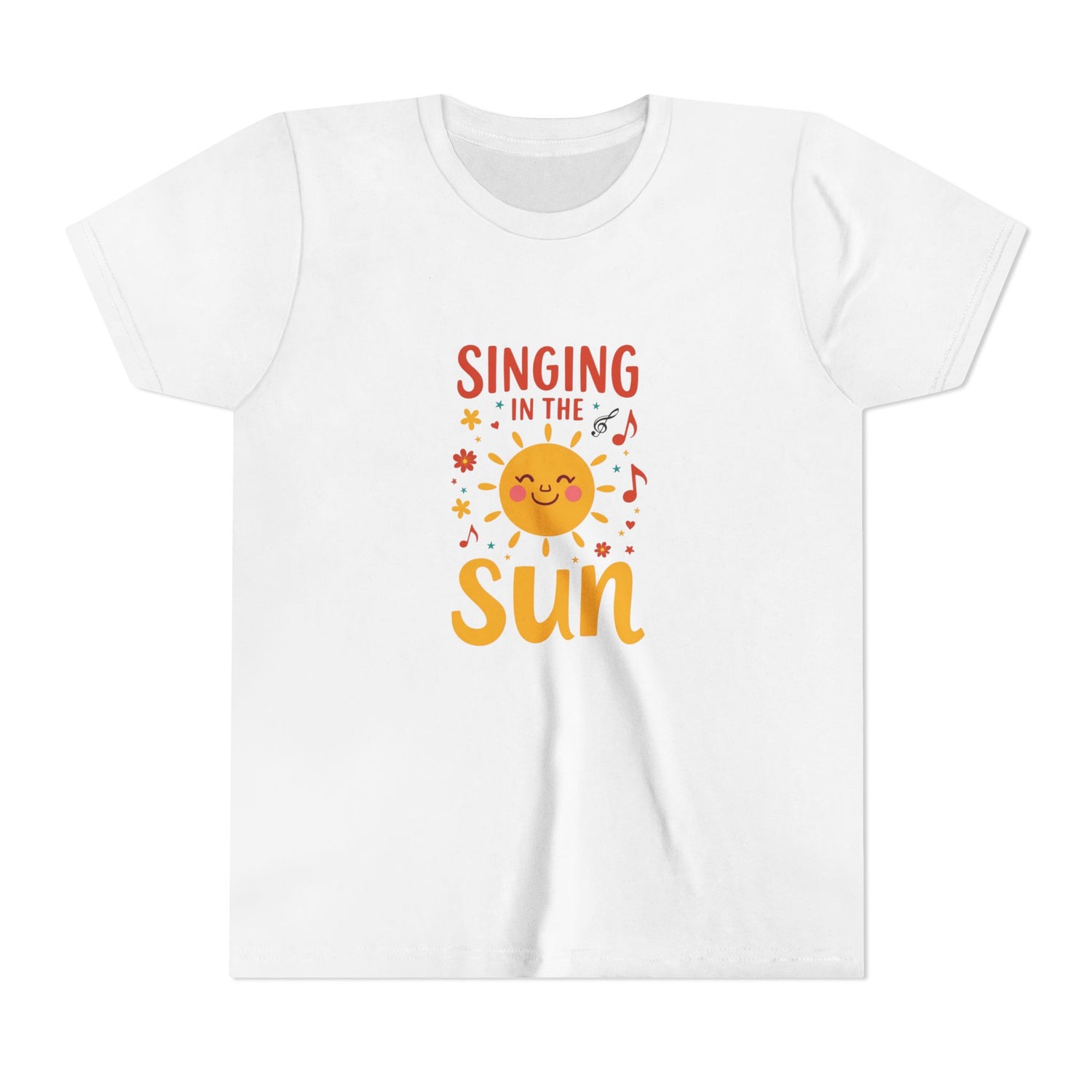 White t-shirt with 'Singing in the Sun' graphic design on a white background