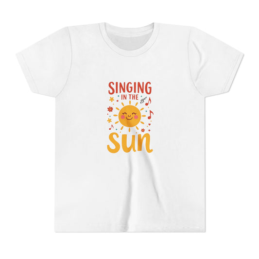 White t-shirt with 'Singing in the Sun' graphic design on a white background