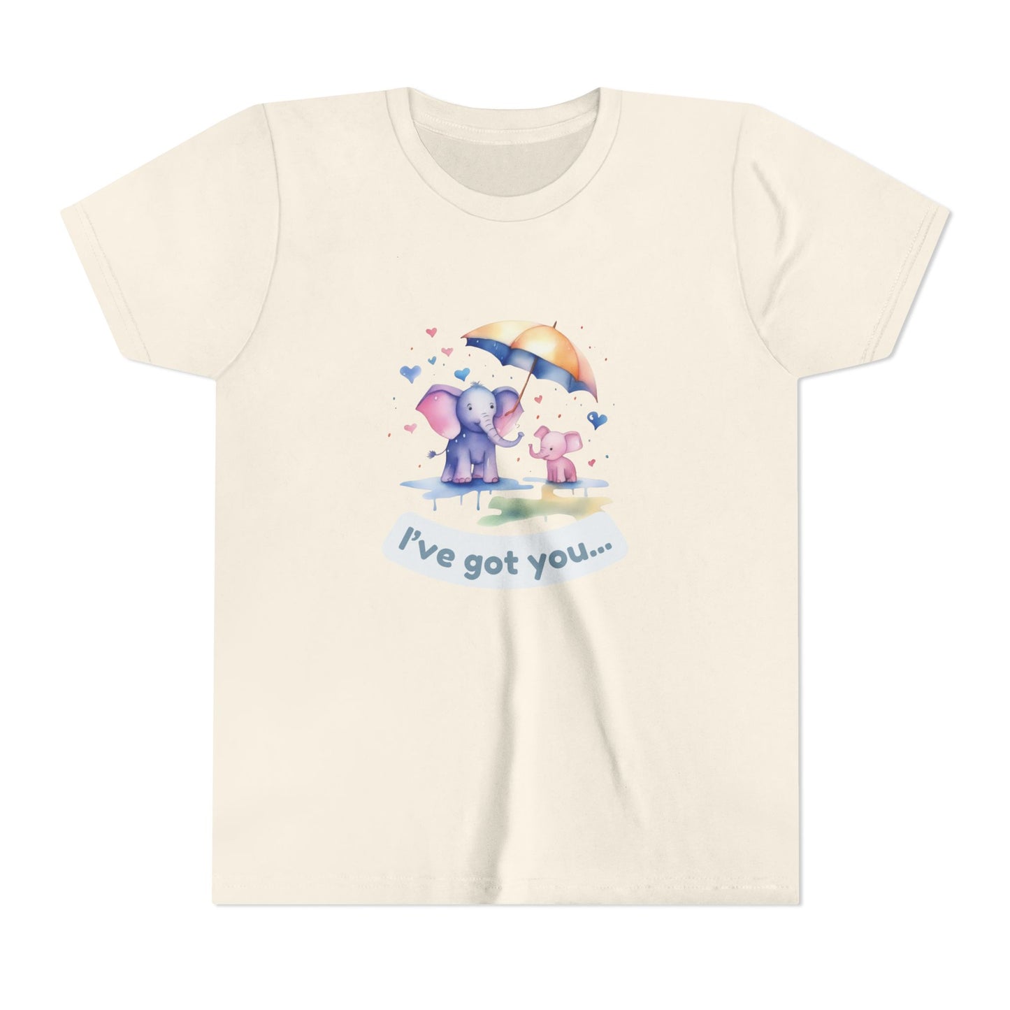 Beige t-shirt with cartoon elephants holding an umbrella and text 'I've got you' on a white background