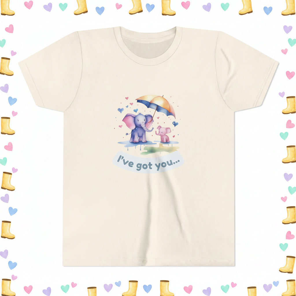 Beige t-shirt with cartoon elephants holding an umbrella and text 'I've got you' on a white background