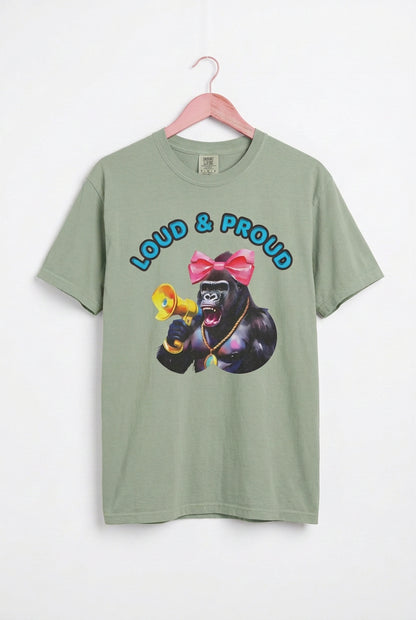“Girl‑Girl™ cheerleader gorilla with pink bow and megaphone on a bay unisex tee with the phrase ‘Loud & Proud.’”