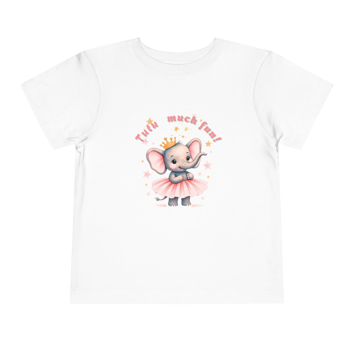 White t-shirt with a cartoon elephant in a tutu and crown, and 'Twirl much fun!' text on a white background.