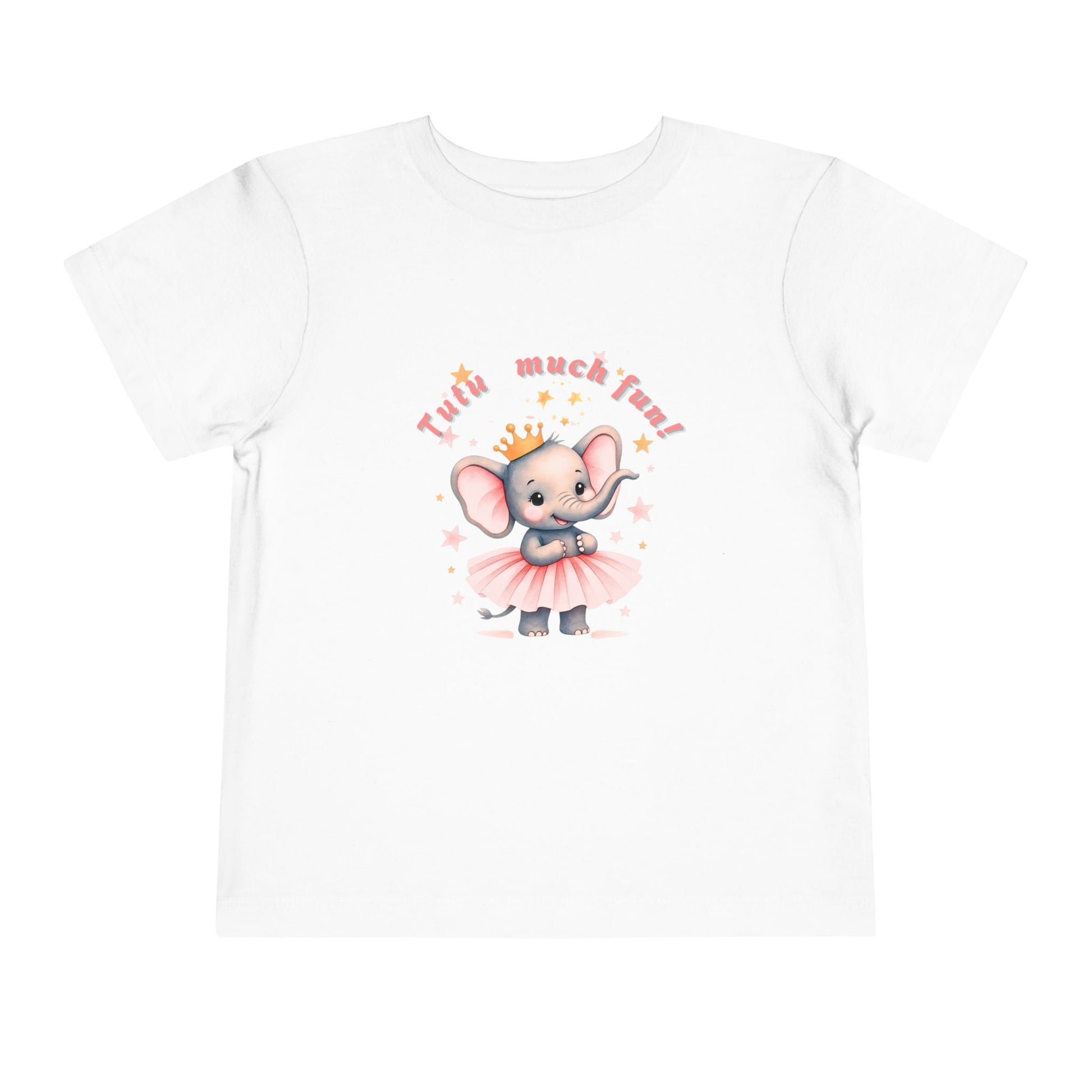White t-shirt with a cartoon elephant in a tutu and crown, and 'Twirl much fun!' text on a white background.