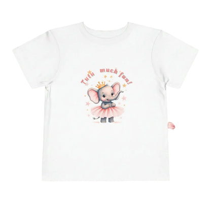 White t-shirt with a cartoon elephant in a tutu and crown, and 'Twirl much fun!' text on a white background.