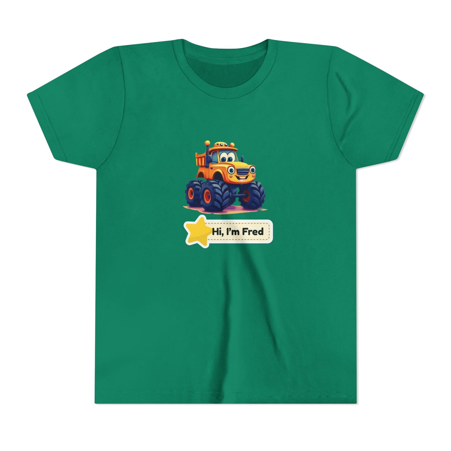 A green short-sleeve crewneck t-shirt featuring a cartoon graphic of a yellow and blue monster truck with a star badge that reads 'Hi, I'm Fred'.